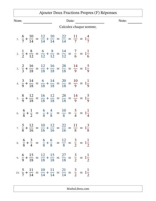 Ajouter deux fractions propres avec des dénominateurs similaires, résultats en fractions mixtes, et avec simplification dans tous les problèmes (F) page 2