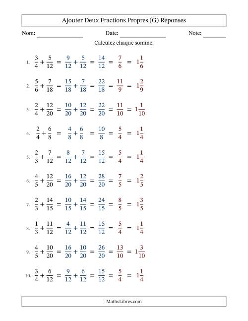 Ajouter deux fractions propres avec des dénominateurs similaires, résultats en fractions mixtes, et avec simplification dans tous les problèmes (G) page 2