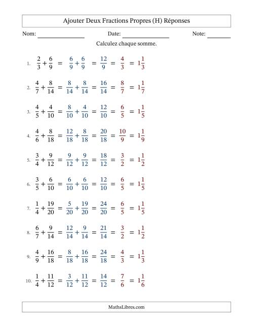 Ajouter deux fractions propres avec des dénominateurs similaires, résultats en fractions mixtes, et avec simplification dans tous les problèmes (H) page 2