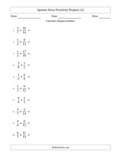 Ajouter deux fractions propres avec des dénominateurs similaires, résultats en fractions mixtes, et avec simplification dans quelques problèmes