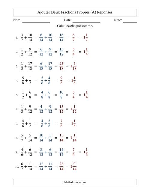 Ajouter deux fractions propres avec des dénominateurs similaires, résultats en fractions mixtes, et avec simplification dans quelques problèmes (A) page 2