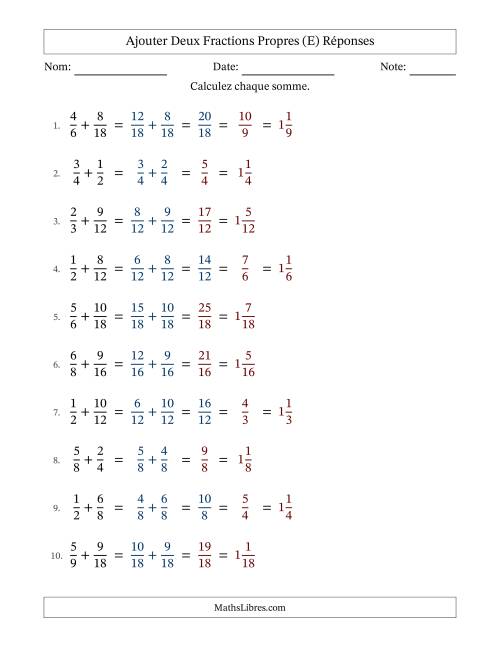 Ajouter deux fractions propres avec des dénominateurs similaires, résultats en fractions mixtes, et avec simplification dans quelques problèmes (E) page 2