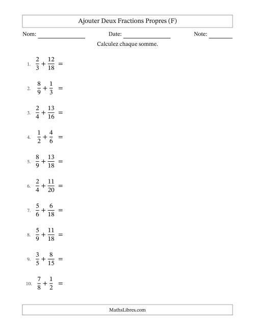 Ajouter deux fractions propres avec des dénominateurs similaires, résultats en fractions mixtes, et avec simplification dans quelques problèmes (F)