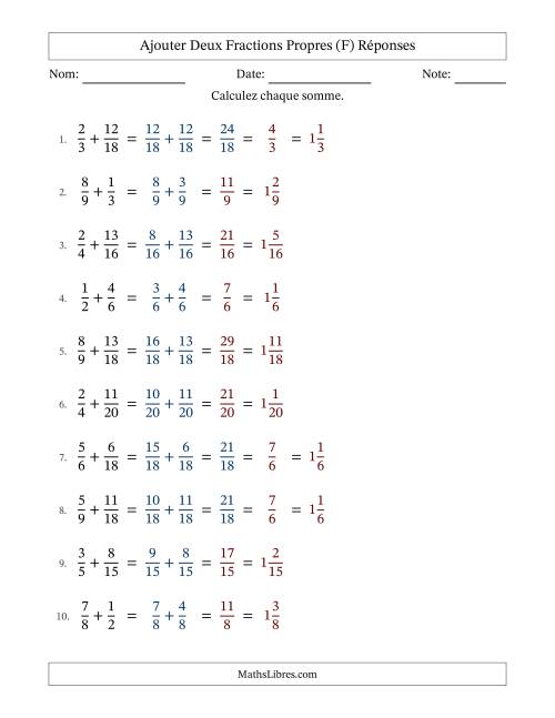 Ajouter deux fractions propres avec des dénominateurs similaires, résultats en fractions mixtes, et avec simplification dans quelques problèmes (F) page 2