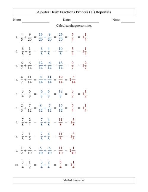 Ajouter deux fractions propres avec des dénominateurs similaires, résultats en fractions mixtes, et avec simplification dans quelques problèmes (H) page 2