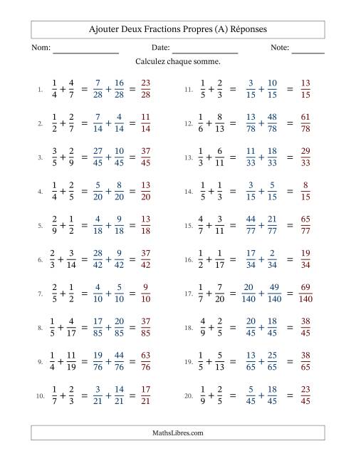Ajouter deux fractions propres avec des dénominateurs différents, résultats en fractions propres, et sans simplification (A) page 2