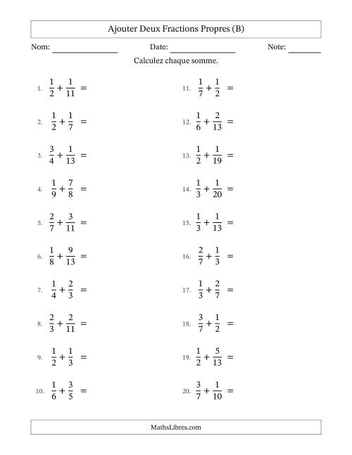 Ajouter deux fractions propres avec des dénominateurs différents, résultats en fractions propres, et sans simplification (B)