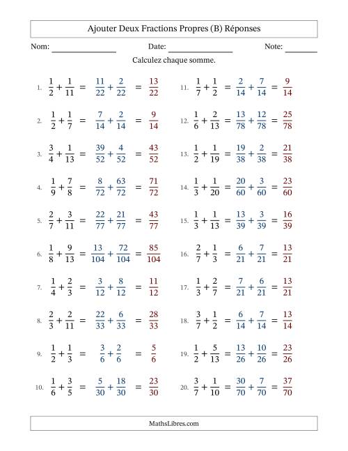 Ajouter deux fractions propres avec des dénominateurs différents, résultats en fractions propres, et sans simplification (B) page 2