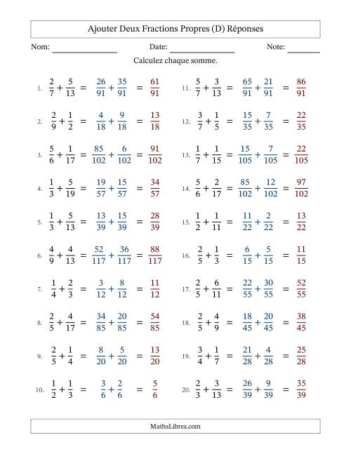 Ajouter deux fractions propres avec des dénominateurs différents, résultats en fractions propres, et sans simplification (D) page 2