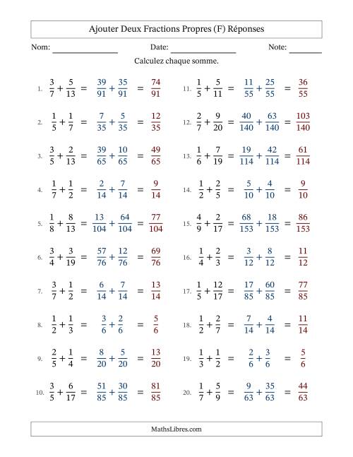 Ajouter deux fractions propres avec des dénominateurs différents, résultats en fractions propres, et sans simplification (F) page 2