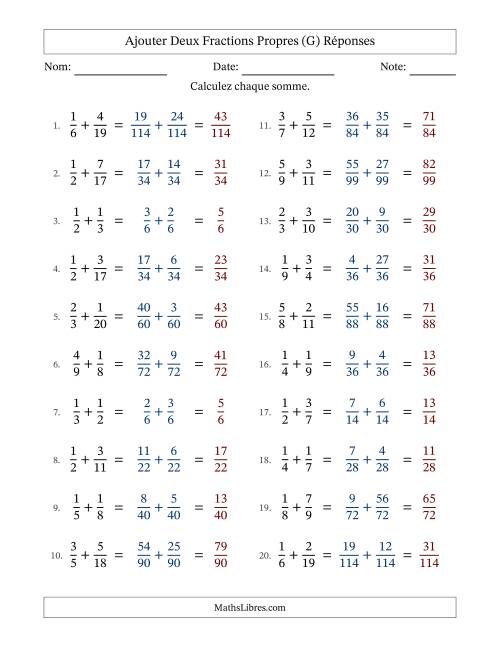 Ajouter deux fractions propres avec des dénominateurs différents, résultats en fractions propres, et sans simplification (G) page 2