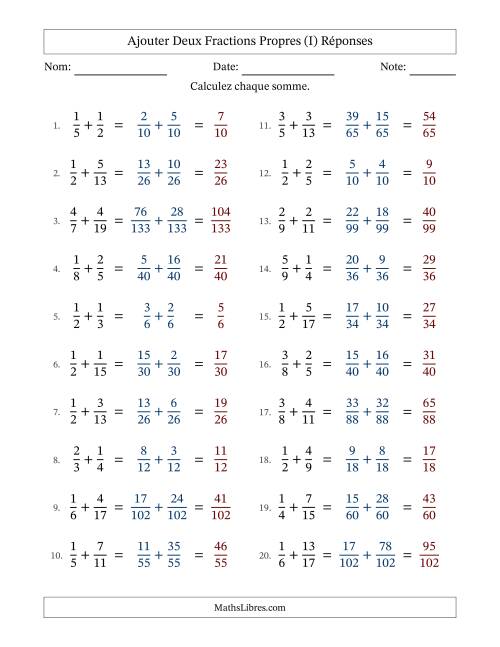 Ajouter deux fractions propres avec des dénominateurs différents, résultats en fractions propres, et sans simplification (I) page 2
