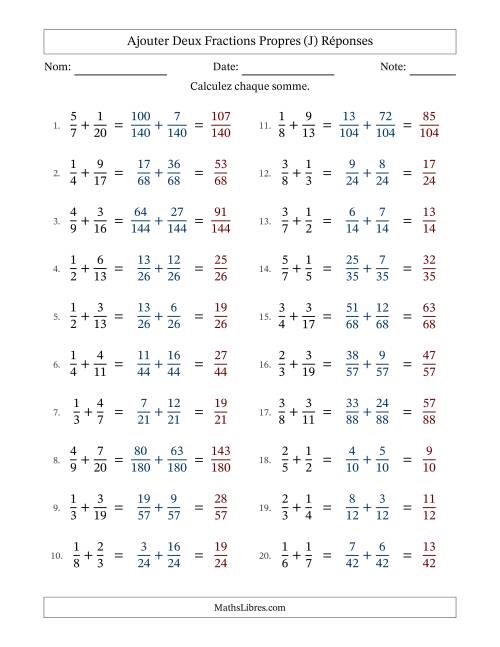 Ajouter deux fractions propres avec des dénominateurs différents, résultats en fractions propres, et sans simplification (J) page 2
