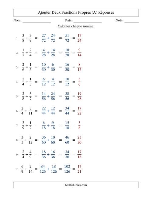 Ajouter deux fractions propres avec des dénominateurs différents, résultats en fractions propres, et avec simplification dans tous les problèmes (A) page 2