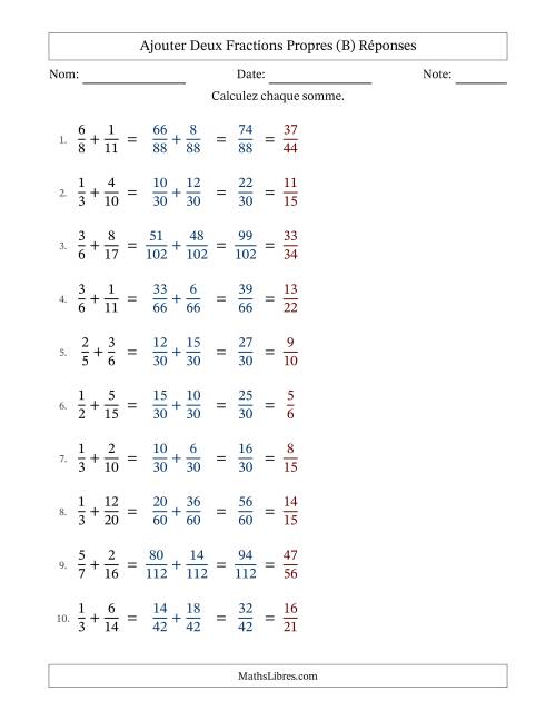 Ajouter deux fractions propres avec des dénominateurs différents, résultats en fractions propres, et avec simplification dans tous les problèmes (B) page 2