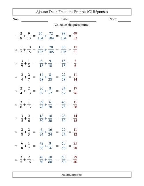 Ajouter deux fractions propres avec des dénominateurs différents, résultats en fractions propres, et avec simplification dans tous les problèmes (C) page 2