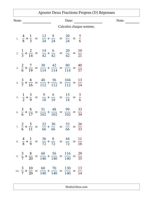 Ajouter deux fractions propres avec des dénominateurs différents, résultats en fractions propres, et avec simplification dans tous les problèmes (D) page 2