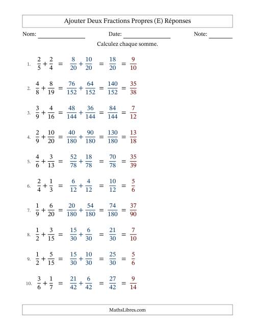 Ajouter deux fractions propres avec des dénominateurs différents, résultats en fractions propres, et avec simplification dans tous les problèmes (E) page 2