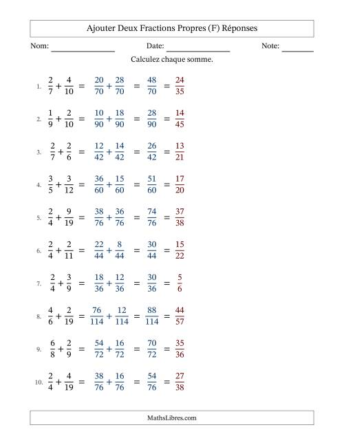Ajouter deux fractions propres avec des dénominateurs différents, résultats en fractions propres, et avec simplification dans tous les problèmes (F) page 2