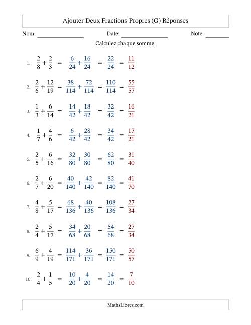 Ajouter deux fractions propres avec des dénominateurs différents, résultats en fractions propres, et avec simplification dans tous les problèmes (G) page 2