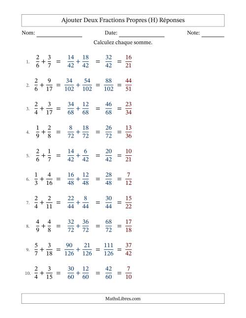 Ajouter deux fractions propres avec des dénominateurs différents, résultats en fractions propres, et avec simplification dans tous les problèmes (H) page 2
