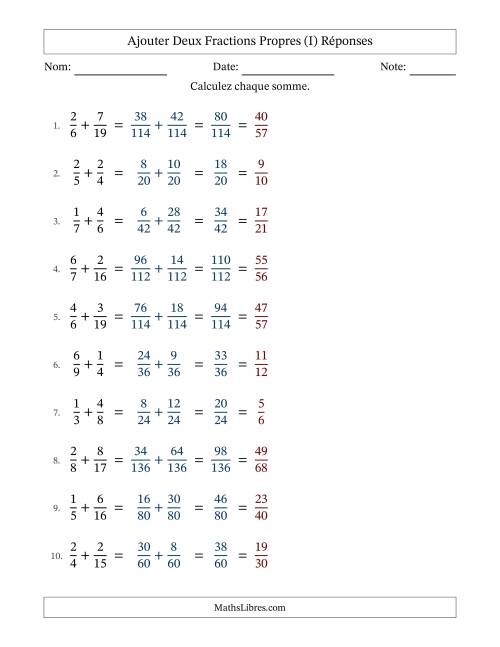 Ajouter deux fractions propres avec des dénominateurs différents, résultats en fractions propres, et avec simplification dans tous les problèmes (I) page 2