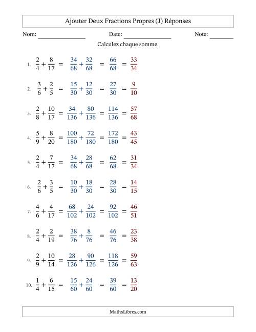 Ajouter deux fractions propres avec des dénominateurs différents, résultats en fractions propres, et avec simplification dans tous les problèmes (J) page 2