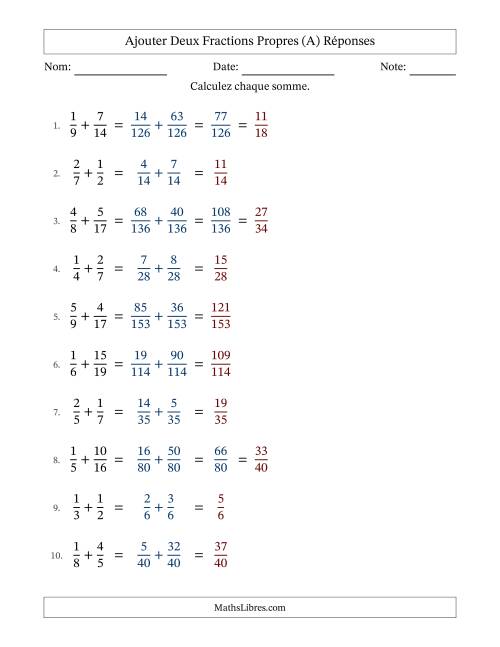 Ajouter deux fractions propres avec des dénominateurs différents, résultats en fractions propres, et avec simplification dans quelques problèmes (A) page 2