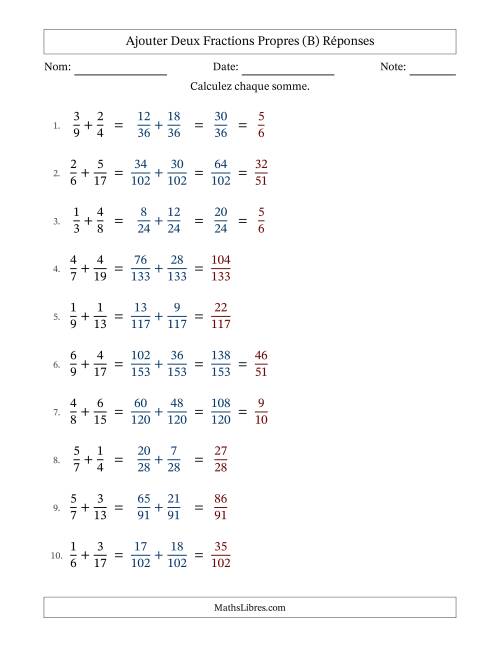 Ajouter deux fractions propres avec des dénominateurs différents, résultats en fractions propres, et avec simplification dans quelques problèmes (B) page 2