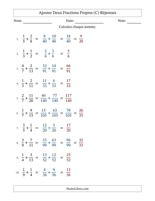 Ajouter deux fractions propres avec des dénominateurs différents, résultats en fractions propres, et avec simplification dans quelques problèmes (C) page 2