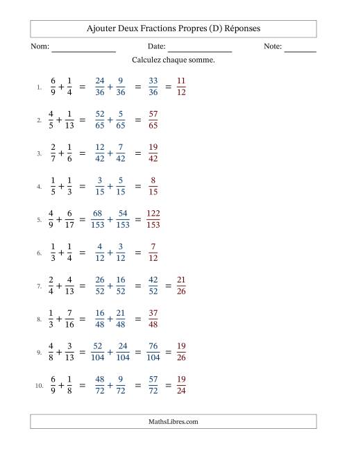 Ajouter deux fractions propres avec des dénominateurs différents, résultats en fractions propres, et avec simplification dans quelques problèmes (D) page 2