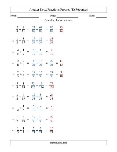 Ajouter deux fractions propres avec des dénominateurs différents, résultats en fractions propres, et avec simplification dans quelques problèmes (E) page 2