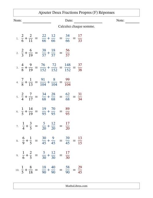 Ajouter deux fractions propres avec des dénominateurs différents, résultats en fractions propres, et avec simplification dans quelques problèmes (F) page 2