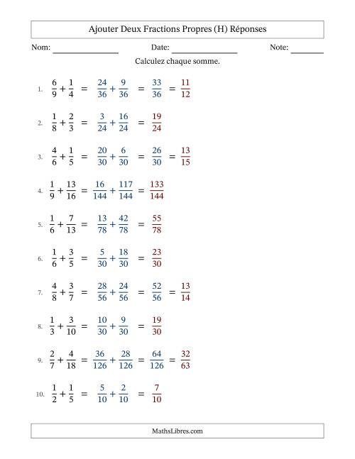 Ajouter deux fractions propres avec des dénominateurs différents, résultats en fractions propres, et avec simplification dans quelques problèmes (H) page 2