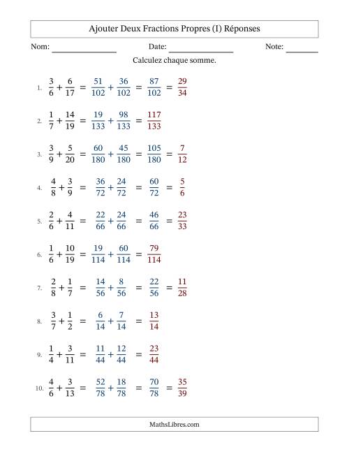 Ajouter deux fractions propres avec des dénominateurs différents, résultats en fractions propres, et avec simplification dans quelques problèmes (I) page 2