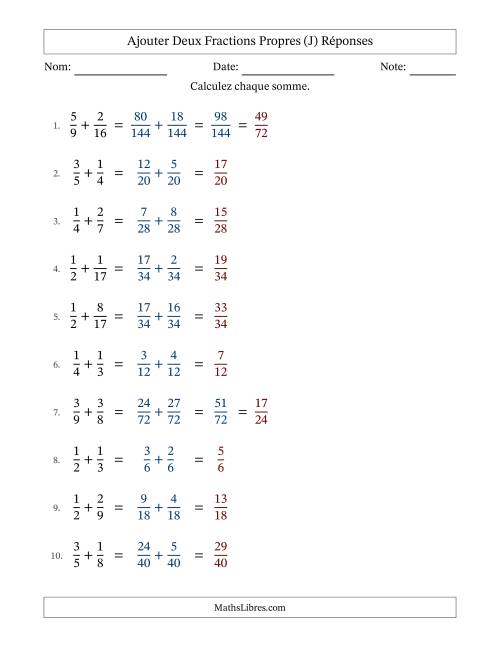 Ajouter deux fractions propres avec des dénominateurs différents, résultats en fractions propres, et avec simplification dans quelques problèmes (J) page 2