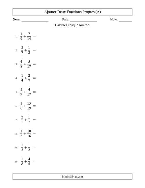 Ajouter deux fractions propres avec des dénominateurs différents, résultats en fractions propres, et avec simplification dans quelques problèmes (Tout)