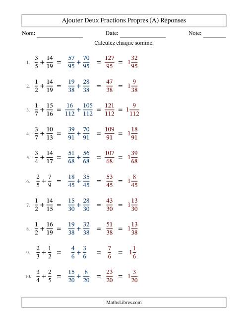 Ajouter deux fractions propres avec des dénominateurs différents, résultats en fractions mixtes, et sans simplification (A) page 2