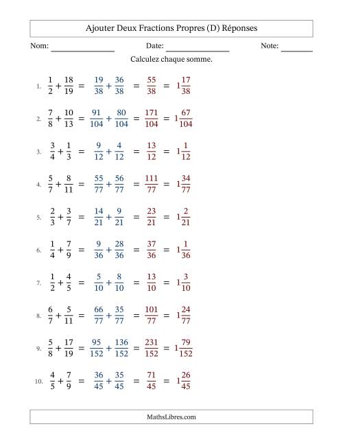 Ajouter deux fractions propres avec des dénominateurs différents, résultats en fractions mixtes, et sans simplification (D) page 2