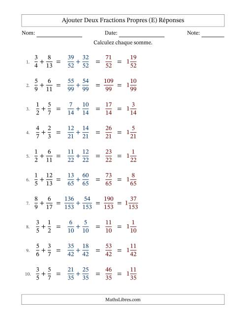 Ajouter deux fractions propres avec des dénominateurs différents, résultats en fractions mixtes, et sans simplification (E) page 2