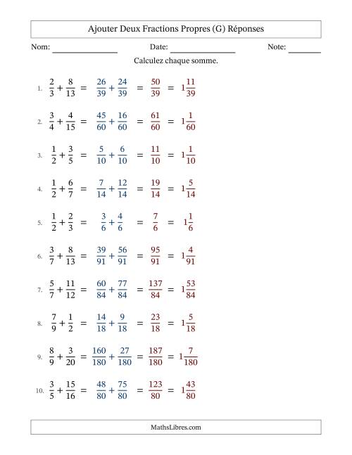 Ajouter deux fractions propres avec des dénominateurs différents, résultats en fractions mixtes, et sans simplification (G) page 2