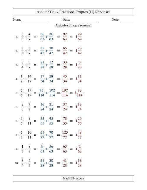 Ajouter deux fractions propres avec des dénominateurs différents, résultats en fractions mixtes, et sans simplification (H) page 2