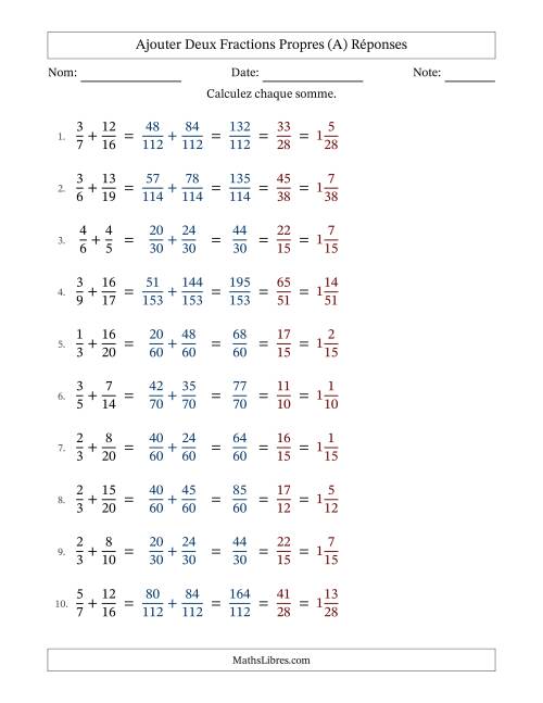 Ajouter deux fractions propres avec des dénominateurs différents, résultats en fractions mixtes, et avec simplification dans tous les problèmes (A) page 2