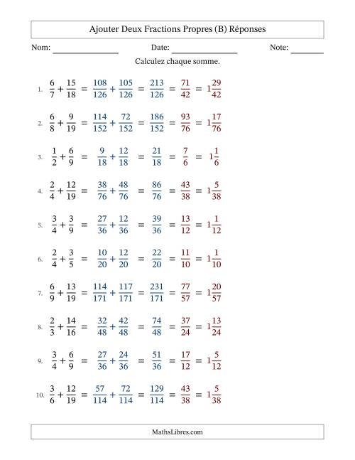 Ajouter deux fractions propres avec des dénominateurs différents, résultats en fractions mixtes, et avec simplification dans tous les problèmes (B) page 2