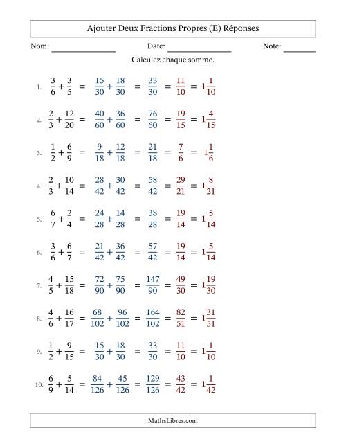 Ajouter deux fractions propres avec des dénominateurs différents, résultats en fractions mixtes, et avec simplification dans tous les problèmes (E) page 2