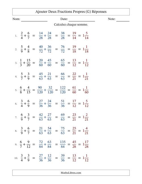 Ajouter deux fractions propres avec des dénominateurs différents, résultats en fractions mixtes, et avec simplification dans tous les problèmes (G) page 2