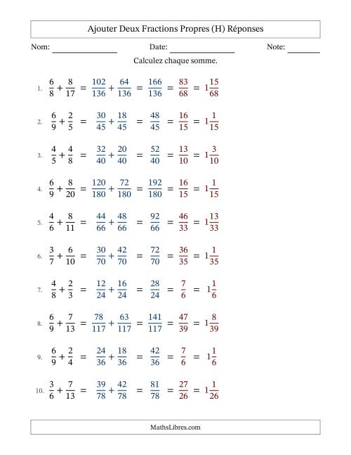 Ajouter deux fractions propres avec des dénominateurs différents, résultats en fractions mixtes, et avec simplification dans tous les problèmes (H) page 2