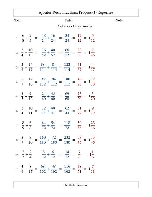 Ajouter deux fractions propres avec des dénominateurs différents, résultats en fractions mixtes, et avec simplification dans tous les problèmes (I) page 2