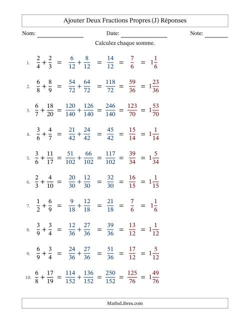 Ajouter deux fractions propres avec des dénominateurs différents, résultats en fractions mixtes, et avec simplification dans tous les problèmes (J) page 2