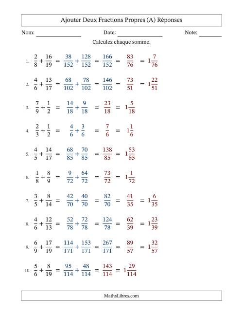 Ajouter deux fractions propres avec des dénominateurs différents, résultats en fractions mixtes, et avec simplification dans quelques problèmes (A) page 2